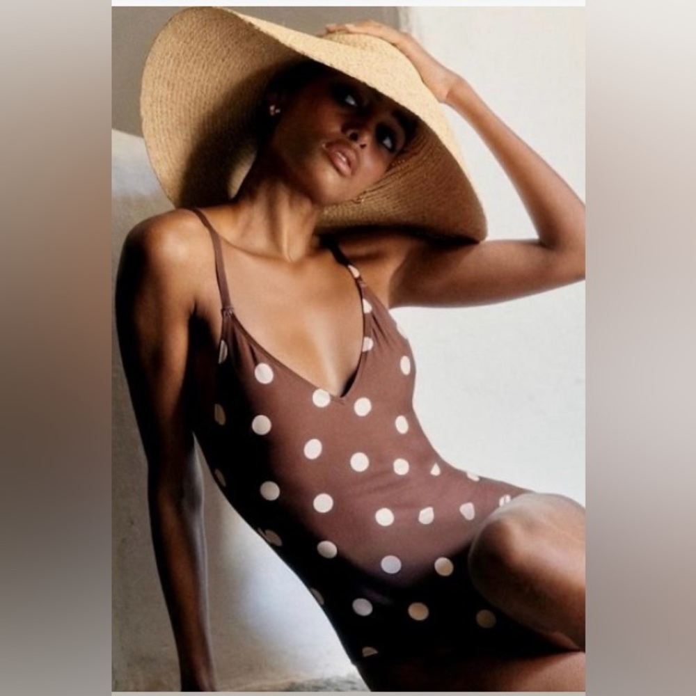 Sezane Brown Polka Dot One-Piece Swimsuit
